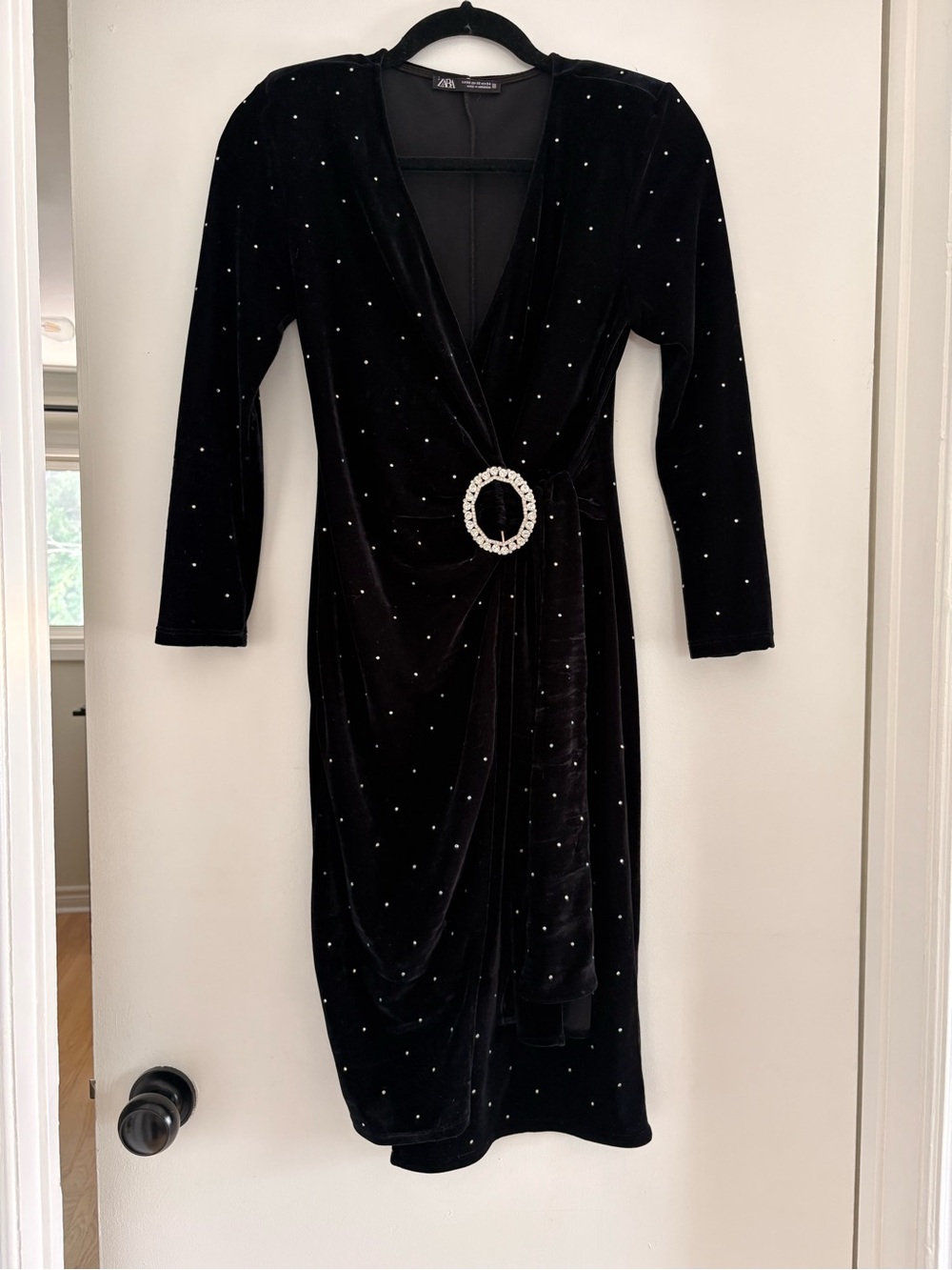 Zara Black Velvet Long-Sleeve Wrap Dress with Crystal Buckle